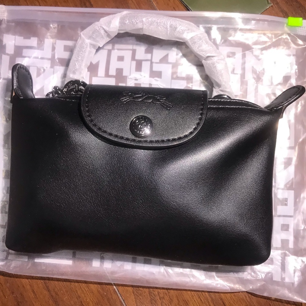 Longchamp Small Black Leather Wristlet Clutch